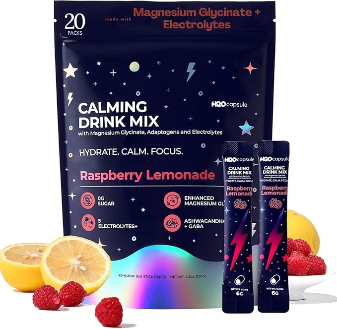 H2O Capsule Calm Magnesium Glycinate Powdered Drink Mix with Electrolytes – Sugar Free Ashwagandha L-Theanine B6 &amp GABA – 60 Servings (20 Lemon 20 Strawberry 20 Raspberry)