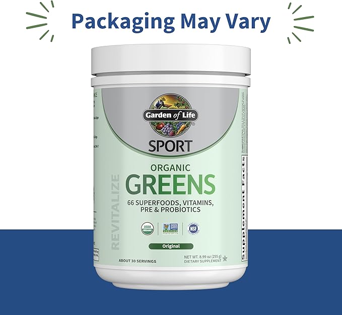 Garden of Life Sport Nutrition Greens and Superfoods Powder for Women and Men - Unflavored Organic Blend - Spirulina Fruit Vitamins Pre &amp Probiotics Mushrooms Athletic Supplements 30 Servin
