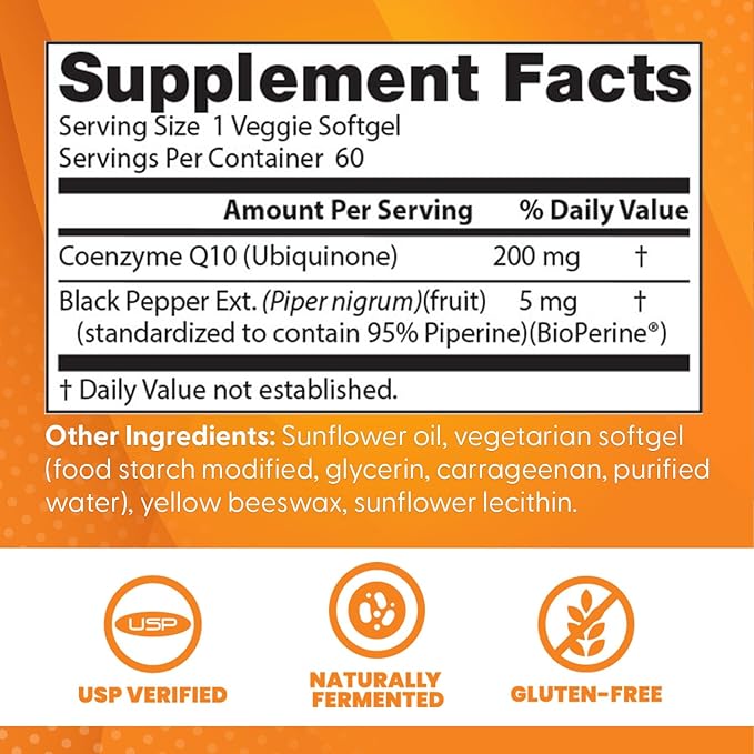 Doctor's Best High Absorption CoQ10 200mg with BioPerine Supplement - Coenzyme Q10 Softgels for Heart Health &amp Antioxidant Support CoQ10 200 mg for Women &amp Men Non GMO - 60 Veg Softgels