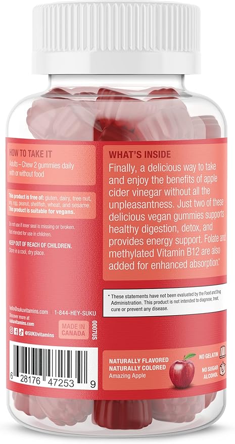 SUKU Appley Ever After Gummies – Apple Cider Vinegar with Methylated B12 &amp Folate – Sugar-Free Gluten-Free Vegan Detox &amp Energy Support – Amazing Apple Flavor – 50 Count