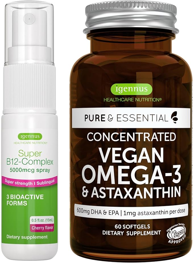 Vegan Omega-3 Algae Oil + Super B12-Complex 5000mcg Vegan Bundle High Concentration DHA &amp EPA + High Strength B12 Cherry Flavor Sublingual Spray by Igennus