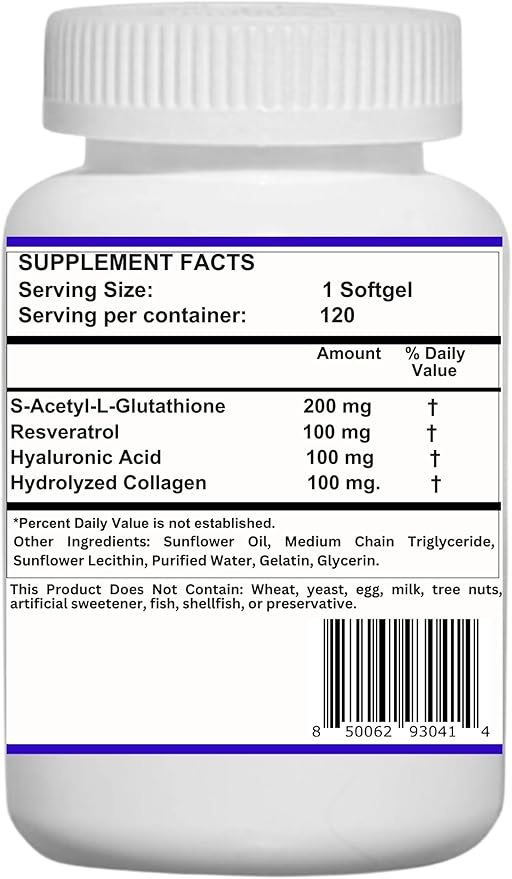 Nikoni Liposomal S-Acetyl L-Glutathione Resveratrol Hyaluronic Acid &amp Collagen 500 mg-480 Softgels