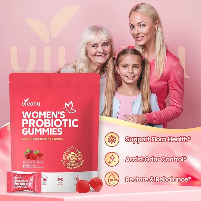 VivoNu Probiotics for Women Women Probiotic Gummies 500 Million CFUs Fiber | Feminine Balance Gummies for Healthy Odour Digestive Support and Gut Health + Vitamin C for Immune Support - 60 Gummies