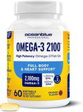 Oceanblue Professional Omega-3 2100mg Fish Oil Supplement Triple Strength High Potency EPA DHA &amp DPA Burpless Wild-Caught Natural Orange Flavor 60 Softgels (Pack of 1)