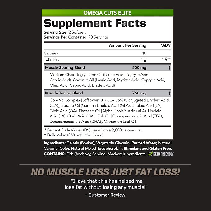 PMD Sports Omega Cuts Elite -Fat Loss-Muscle Defining Formula - Omega Fatty Acids MCT's and CLA for Muscle Definition and Maintenance - Keto Friendly For Women and Men - Stimulant Free (180 Softgels)