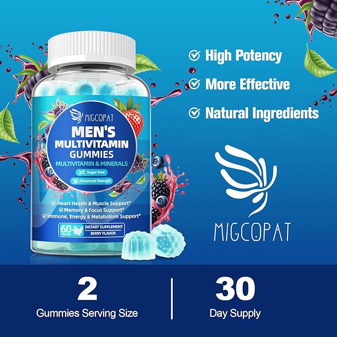 Multivitamin for Men Mens Multivitamins Gummies w/Omega-3 Probiotics Inositol Folate Biotin Zinc Vitamins A C D E B Support Heart Brain Muscle Energy Sugar-Free Berry Flavor