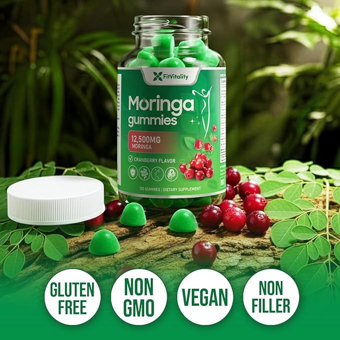 120 Moringa Gummies with Ginger Turmeric Cranberry Amla Fruit &amp Probiotics | Vegan Sugar-Free Gummies
