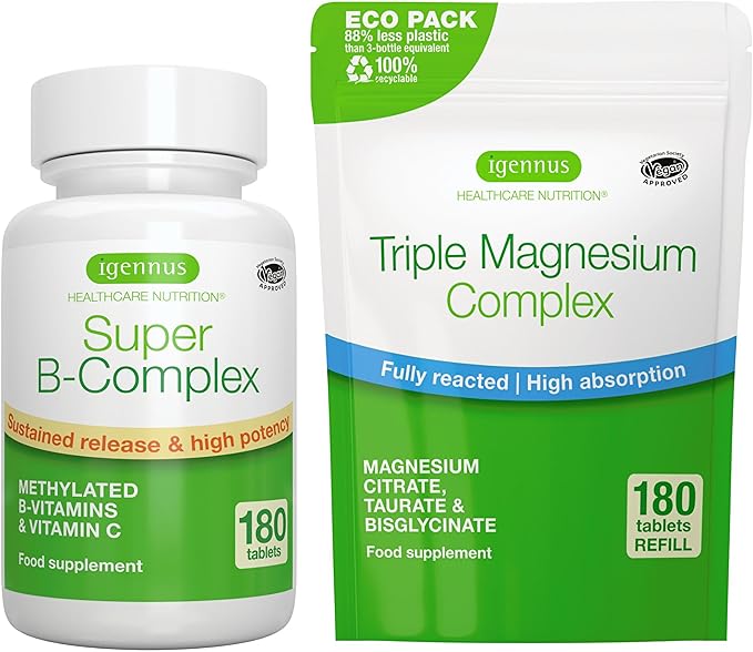 Super B-Complex 180 Tablets + Triple Magnesium Complex 180 Tablets Vegan Bundle Methylated Sustained Release B Complex + High Absorption Chelated Magnesium Glycinate Taurate &amp Citrate by Igennu