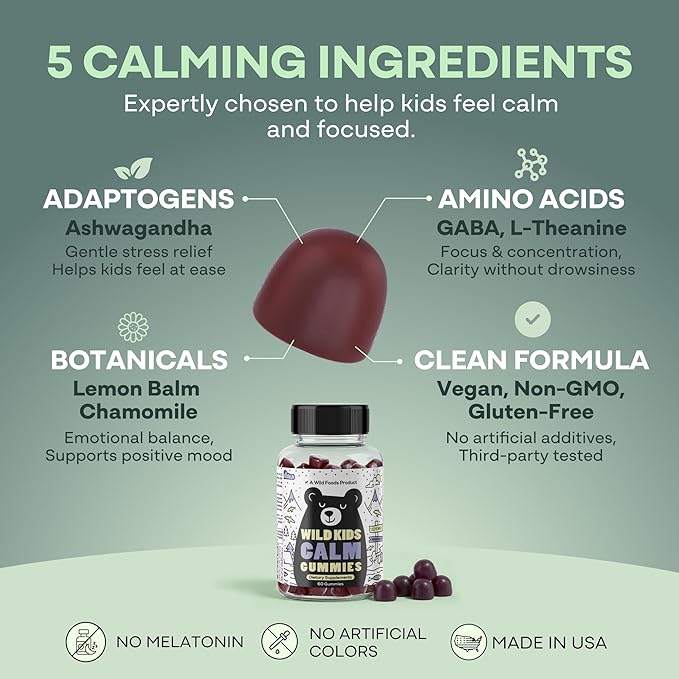 Wild Foods Kids Calm Gummies - Ashwagandha Gummies for Kids w/GABA L-Theanine Lemon Balm &amp Charmomile - Support Natural Relaxation Stress Relief &amp Sleep for Children 4+ Berry Flavor 60 C