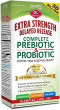 Olympian Labs Extra Strength Complete Prebiotic and Probiotic Supplement - 50 Billion Live Shelf Stable Cultures - 30 Vegetarian Capsules