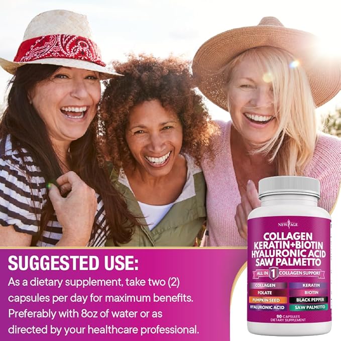 NEW AGE Collagen Pills Biotin Keratin Saw Palmetto Hyaluronic Acid- Vitamin E Folic Acid Pumpkin Seed MSM- 270 Count