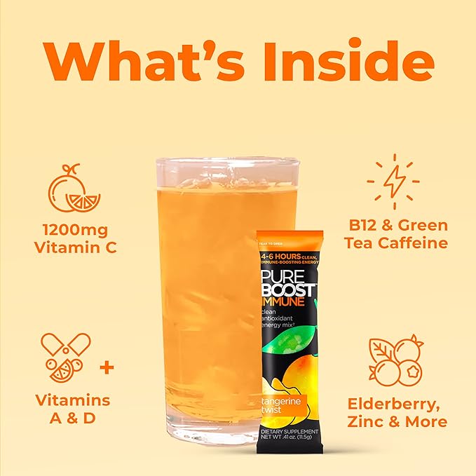 Pureboost Immune Clean Energy Booster Refreshing Energy Drink Mix and Immunity Supplement with Elderberry 1200 mg Vitamin C Vitamins A + D and Zinc. (Tangerine Twist 30 Count)