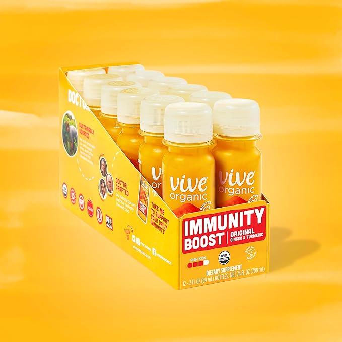 Vive Organic Immune Support Shot Cold-Pressed Ginger Turmeric &amp Echinacea Gluten Free Vegan Immunity Boost Original 2 Fl Oz (Pack of 12)