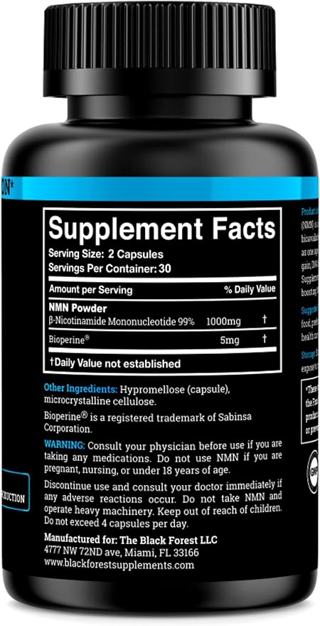 Black Forest NMN Supplements 1000mg (Nicotinamide Mononucleotide) 99% Pure Stabilized Form BioPerine® for Enhanced Bioavailability (60 Capsules) (NMN 1000mg per Serving) NAD Supplement for NAD