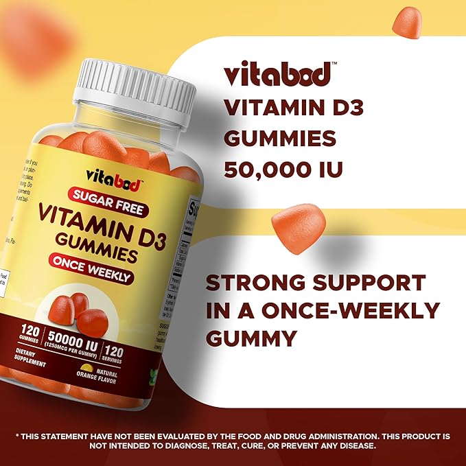 Sugar-Free Vitamin D3 50000 IU Weekly Gummies – 120 Count Bone Teeth and Immune Support – Non-GMO Easy-to-Chew Supplement