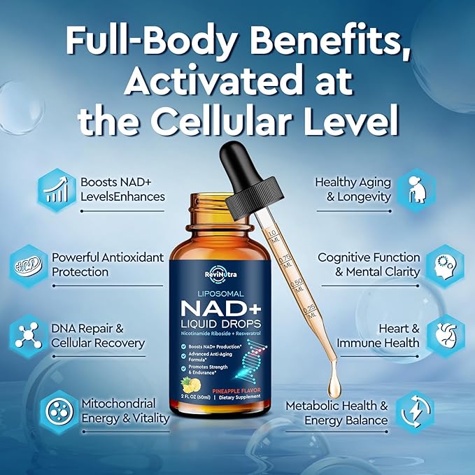 Liposomal NAD Supplement - 1200mg NAD+ Liquid Drops for Women &amp Men Nicotinamide Riboside with Resveratrol PQQ CoQ10 Quercetin for Anti-Aging Brain &amp Cellular Mitochondrial Pineapple 4 F