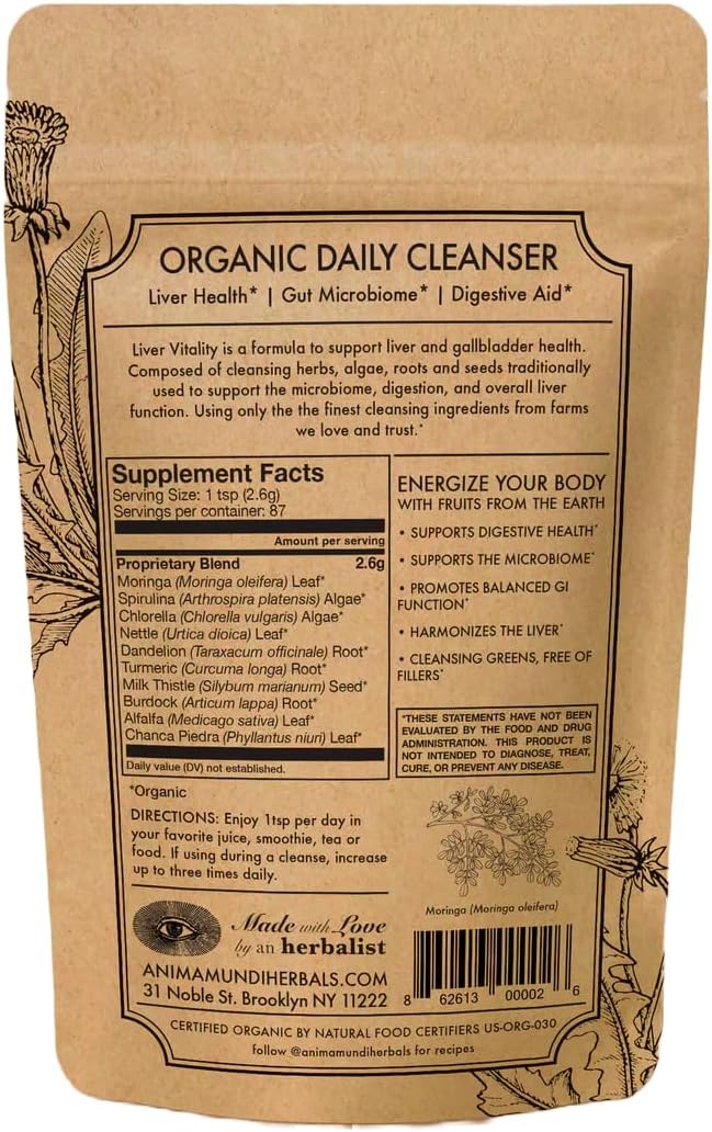 Anima Mundi Apothecary Super Greens Powder - Liver Vitality - Organic Superfood Greens &amp Herbal Prebiotics for Liver Detox Cleanse &amp Support - with Fair Trade Dandelion Milk Thistle &amp Mo