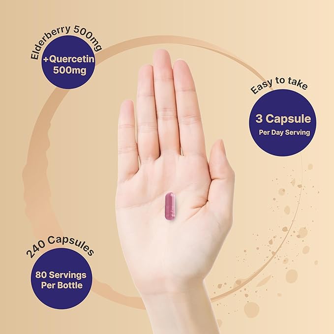 NatureBell Elderberry Quercetin 4-in-1 with Vitamin C &amp Zinc 240 Capsules | Traditional Herbal Supplement | 500mg Sambucus Nigra 500mg Quercetin 250mg Vitamin C 50mg Zinc Picolinate per Servin