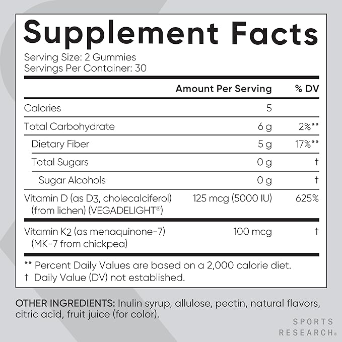 Sports Research® Vegan Vitamin D3 + K2 Gummy Supplements - Sugar-Free - 5000iu Vitamin D with 100mcg Mk7 Vitamin K - Supports Bone &amp Immune Health* - 60 Gummies for Adults