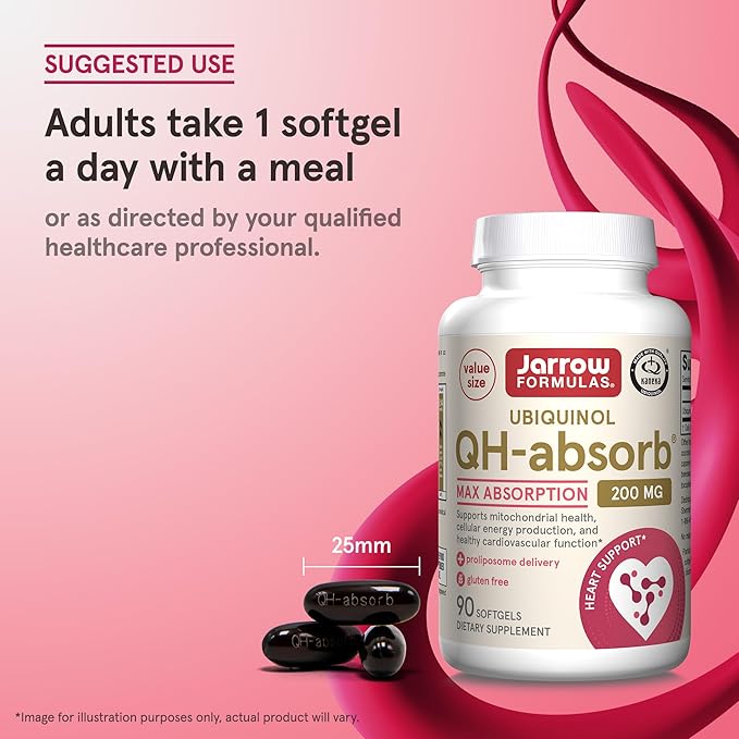 Jarrow Formulas QH-Absorb 200 mg - Active Antioxidant Form of Co-Q10 - Dietary Supplement - Supports Mitochondrial Energy Production &amp Cardiovascular Health - 90 Softgels