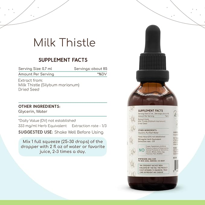 HerbEra Milk Thistle B60 Alcohol-Free Herbal Extract Tincture Concentrated Liquid Drops Natural Milk Thistle (Silybum marianum) 2 fl oz