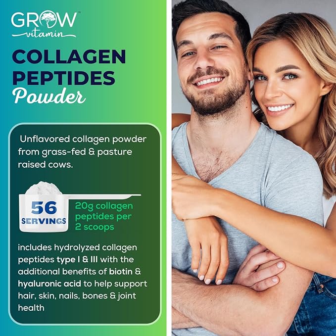 Collagen Peptides Powder 20g with Hyaluronic Acid &amp Biotin - Unflavored Grass Fed Collagen Powder with Hydrolyzed Type I &amp III Collagen Supplements - Hair Nail Skin &amp Joint Support - 56