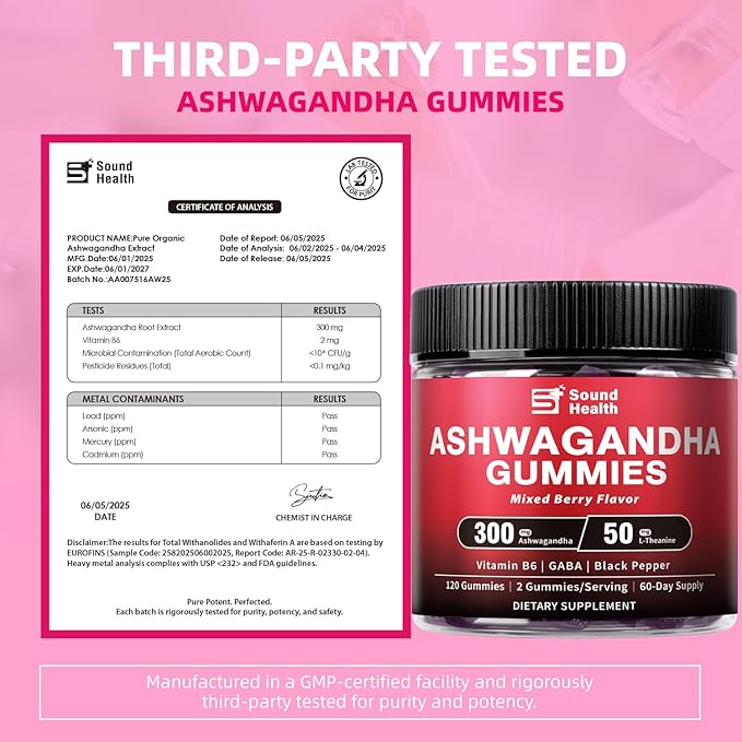 Ashwagandha Gummies for Women &amp Men | Organic Ashwagandha Supplement with Vitamin B6 Black Pepper | Vegan Plant Based Non-GMO Gluten-Free - 120 Count (60-Day Supply)