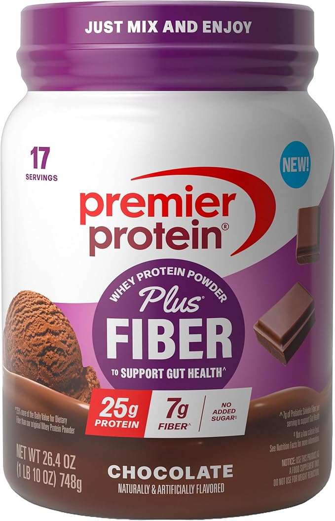 Premier Protein Powder Plus Fiber Chocolate 25g Protein 7g Fiber to Support Gut Health No Added Sugar (17 Servings)