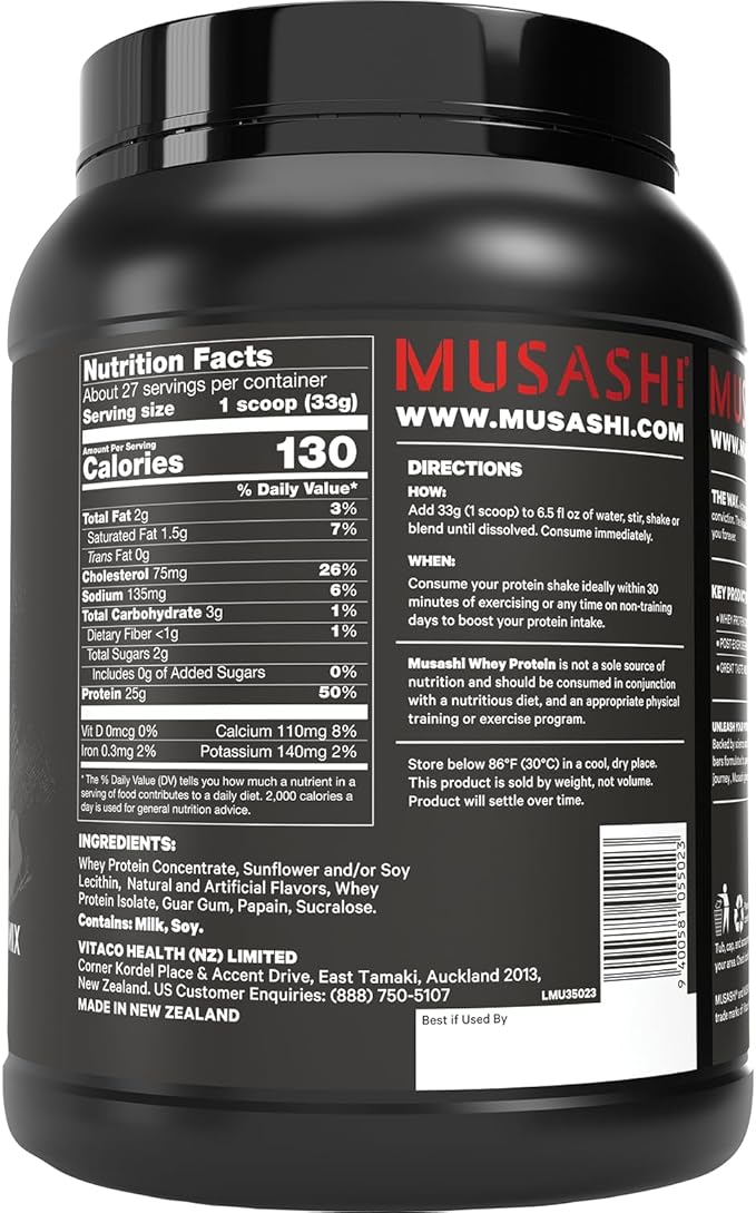 MUSASHI Whey Protein Vanilla Powder 900g Tub 1.98 Pounds