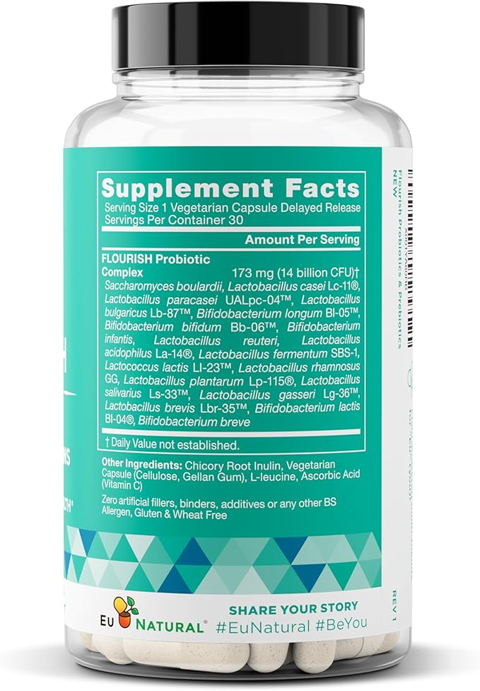 Flourish Probiotics + Prebiotics for Women – Gut and Digestion Urinary Tract Reduce Bloating Vaginal Health – 18 Clinically Proven Strains 14 Billion CFU – 30 Shelf-Stable Mini Vegan Capsules