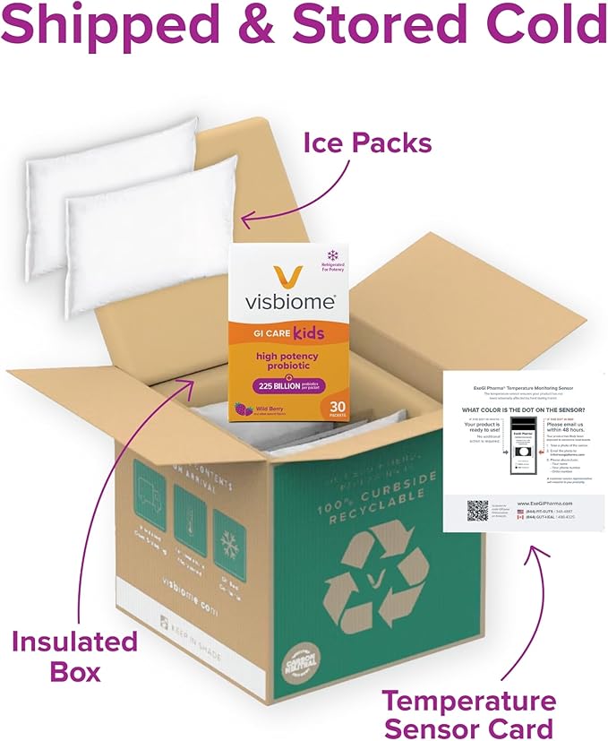 Visbiome® GI Care Kids - High Potency Probiotic for IBS &amp UC Symptoms - Wild Berry Flavor No Dyes- 225 Billion CFU Live Probiotics for Children Cold Chain Shipping 60 Packets