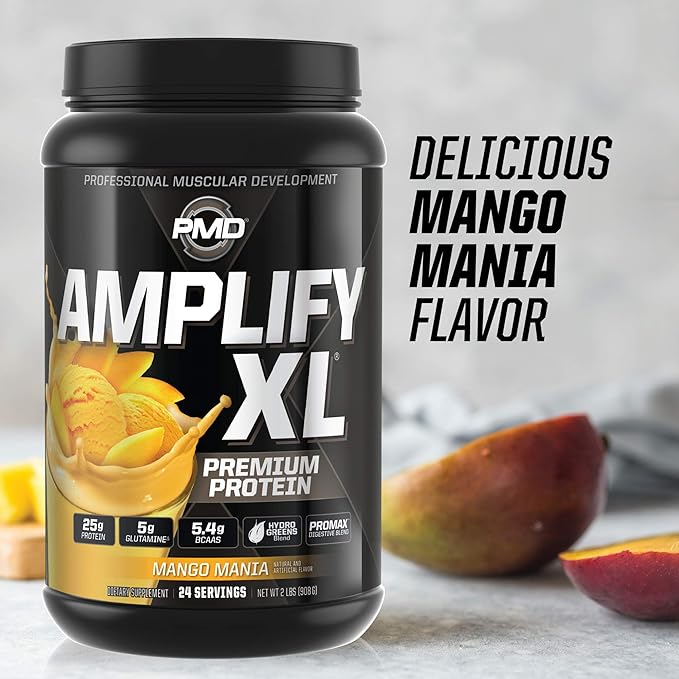 PMD Sports Amplify XL Premium Whey Protein Supplement Hydro Greens Blend - Glutamine and Whey Protein Matrix with Superfood for Muscle Strength and Recovery - Mango Mania (24 Servings)