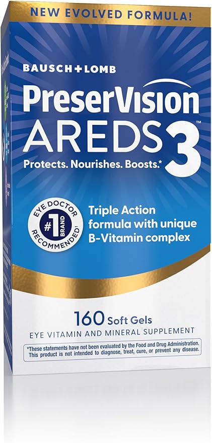 PreserVision AREDS3 Eye Vitamins #1 Eye Doctor Recommended Brand AREDS2 Formula with Additional 8 B-Vitamin Complex Promotes Healthy Cellular Eye Function* 3-in-1 Macular Supplement 160 Softgels