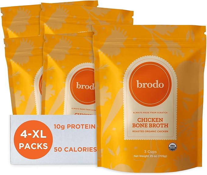 Brodo Organic Chicken Bone Broth Protein-Rich Bone Broth with Collagen Nourishing Chicken Broth Low Sodium for Sipping and Cooking Slow-Simmered for Deep Flavor (4x 25 oz. Pouches)