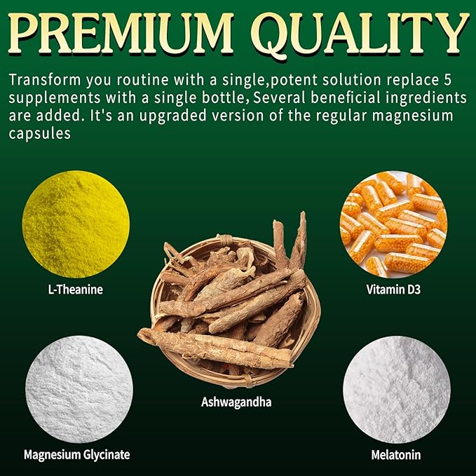 Magnesium Ashwagandha SupplementMagnesium GlycinateMelatoninL-Theanine Plus Vitamin D3Gluten Free120 Capsules