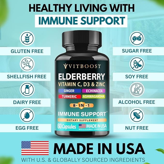 2 Pack Elderberry Immune Support Supplement 8-in-1 Formula with Echinacea Vitamin C &amp Zinc Vitamin D 5000 IU Turmeric Ginger Ashwagandha – 60 Capsules Each