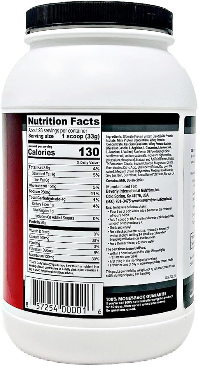 Beverly International UMP Protein Powder Strawberry. Unique Whey-Casein Ratio Builds Lean Muscle. Easy to Digest. No Bloat. (32.8 oz) 2lb .8 oz