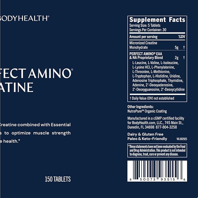 BodyHealth Creatine Monohydrate Tablets – Vegan Pre Workout Supplement with PerfectAmino BCAAs &amp EAAs – Keto-Friendly Muscle Recovery &amp Energy Support – 5g Creatine Equivalent per Serving