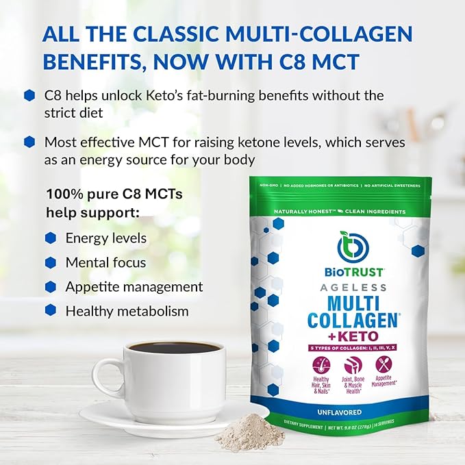 BioTrust Multi Collagen Protein Powder + Keto MCT Oil – 5 Types (I II III V X) &amp 100% Caprylic Acid C8 - Support Elevated Ketones Metabolism Joints &amp Beauty All in 1 Collagen Powder (Unf