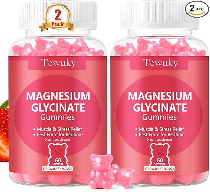 Magnesium Glycinate Gummies 2 Bottles Sugar-Free for Adults &amp Kids Magnesium Gummy for Relaxation Stress &amp Muscle Relief Supports Bone &amp Nerve Health Vegan Pectin-Based Strawberry F