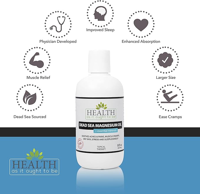 Health As It Ought To Be Dead Sea Magnesium Oil + Essential Minerals Supplement | Physician Formulated Calming Soothes Aches Pains Cramps Sleeplessness | 8 Ounce