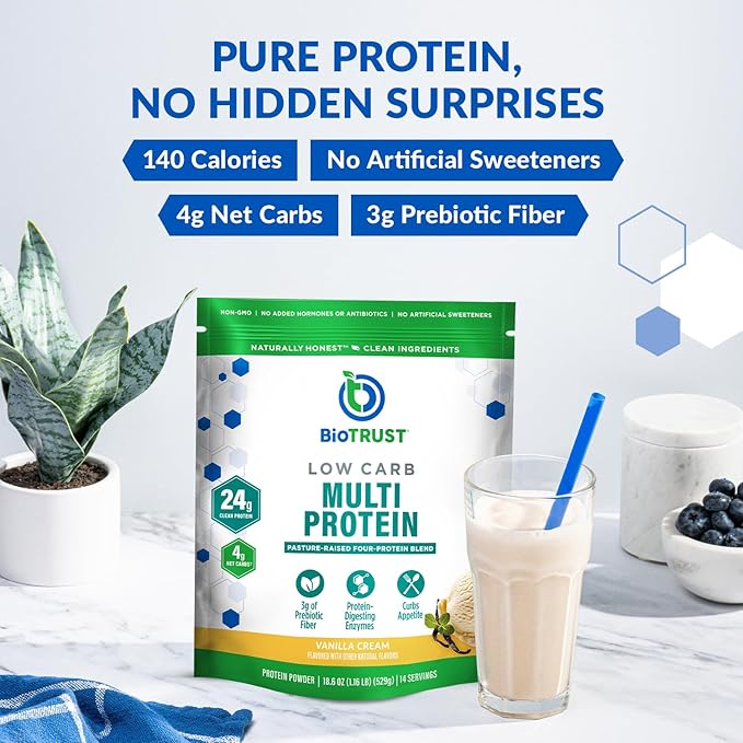 BioTrust Low Carb Protein Powder – Natural and Delicious Whey &amp Casein Blend from Grass-Fed Hormone Free Cows – Non GMO Soy Free Gluten Free Hormone Free (Vanilla 3-Pack)