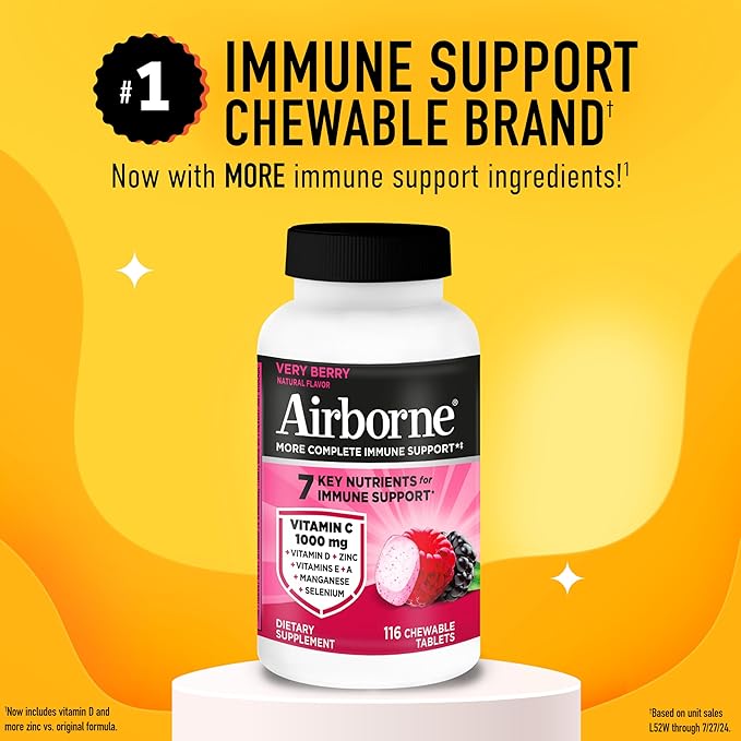 Airborne Vitamin C 1000mg (per Serving) - Very Berry Chewable Tablets (116 Count in a Bottle) Gluten-Free Immune Support Supplement with Vitamins A C E Zinc Selenium Ginger Antioxidants