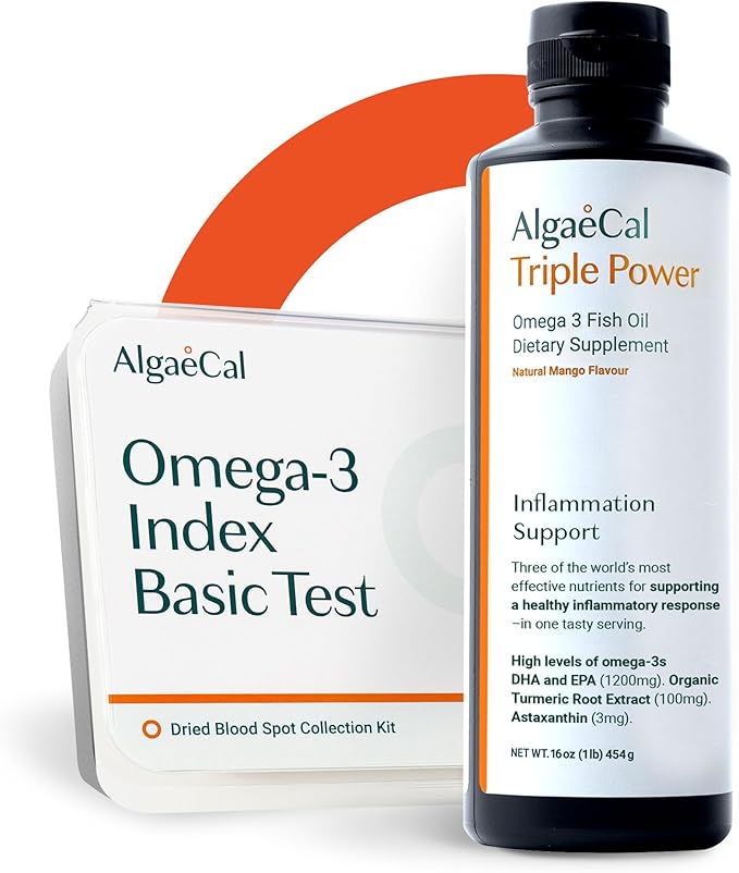 ALGAECAL Triple Power: 1200mg EPA &amp DHA Omega-3s Fish Oil Supplement Supporting Brain Heart Skin &amp Bones and Omega-3 Home Test Kit: Easy at-Home Testing with Pre-Paid Return Envelope