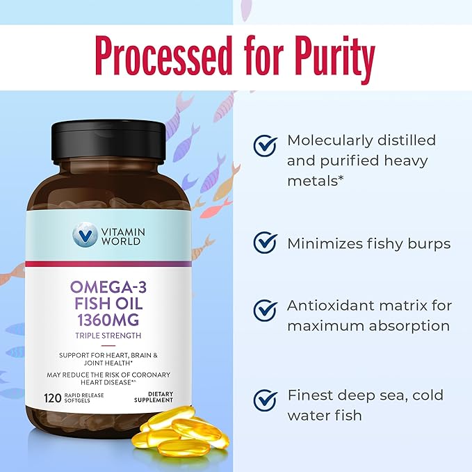 Vitamin World Triple Strength Omega 3 Fish Oil 1360 mg Supplement 950 mg Active Omega-3 Fatty Acids with EPA &amp DHA Supports Heart Brain &amp Joint Health Gluten Free 120 Softgels 4 Months S