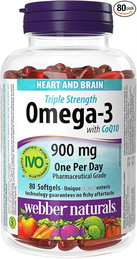 Webber Naturals Triple Strength Omega-3 with CoQ10 enteric coated 900 mg Omega-3 (EPA • DHA)/ 100 mg CoQ10 80caps
