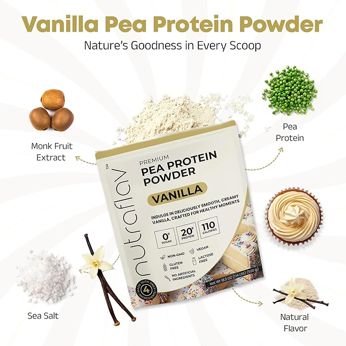 Vegan Vanilla Protein Powder - Plant Based Pea Protein Powder - 20g Protein Per Serving with 4 Ingredients - Iron-Rich Easy to Digest - No Added Sugar - Great for Shakes &amp Smoothies - 20 Servings