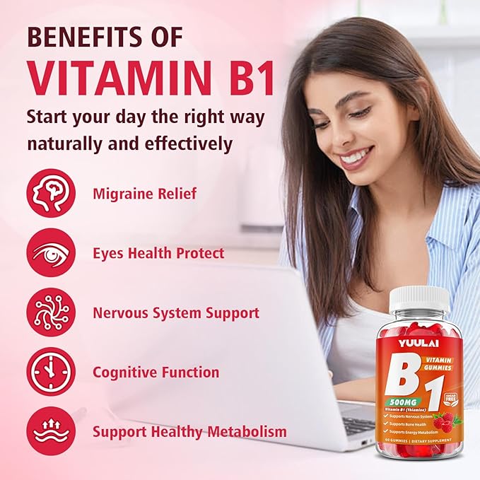 Pack of 2 Vitamin B1 Gummies 500mg for Adults &amp Kids Thiamine B1 Supplement with Magnesium Vitamin B1 Supplement for Nervous System Supports &amp Boost Energy Raspberry Flavor 120 Count