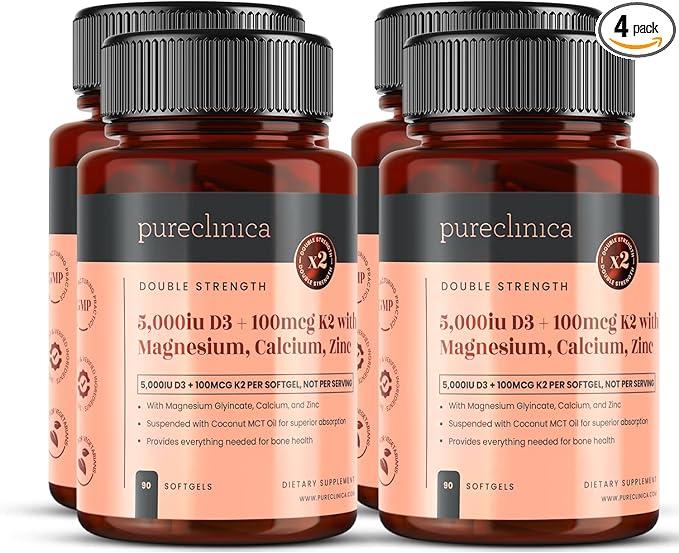 pureclinica Double Strength D3 + K2 Complex x 360 Vegan Softgels (4 Bottles of 90) – 5000 IU D3 + 100mcg K2 with Magnesium Calcium &amp Zinc – 12 Months Supply