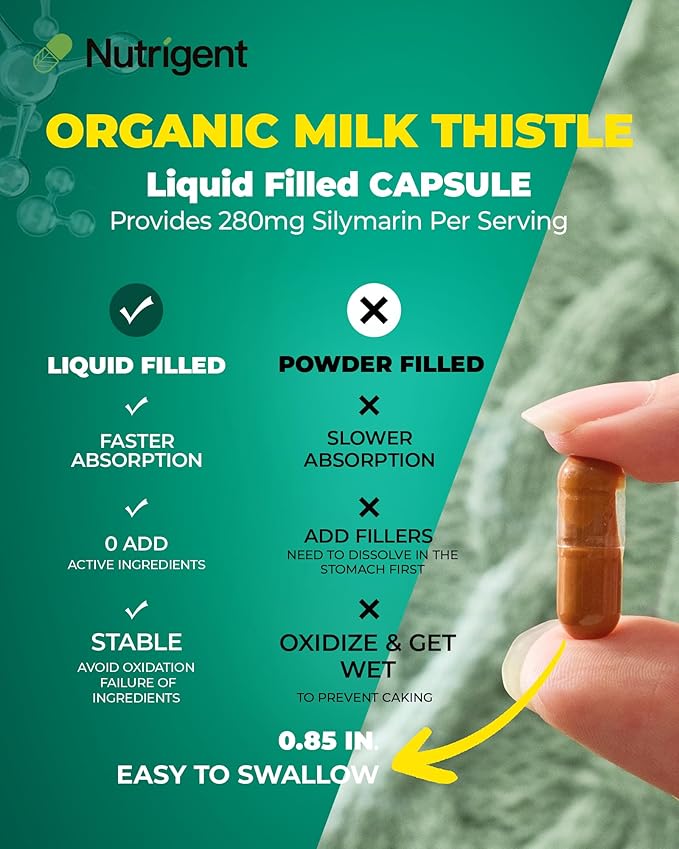 USDA Organic Milk Thistle Supplement Silymarin Supplement 280 mg Liquid Organic Capsules Liver Health &amp Detox Support Non-GMO 60 Count